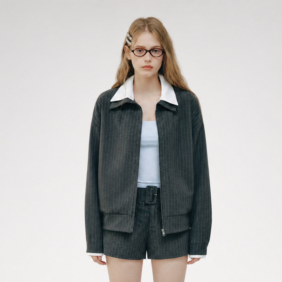 Pinstripe Belted Jacket Shorts Set