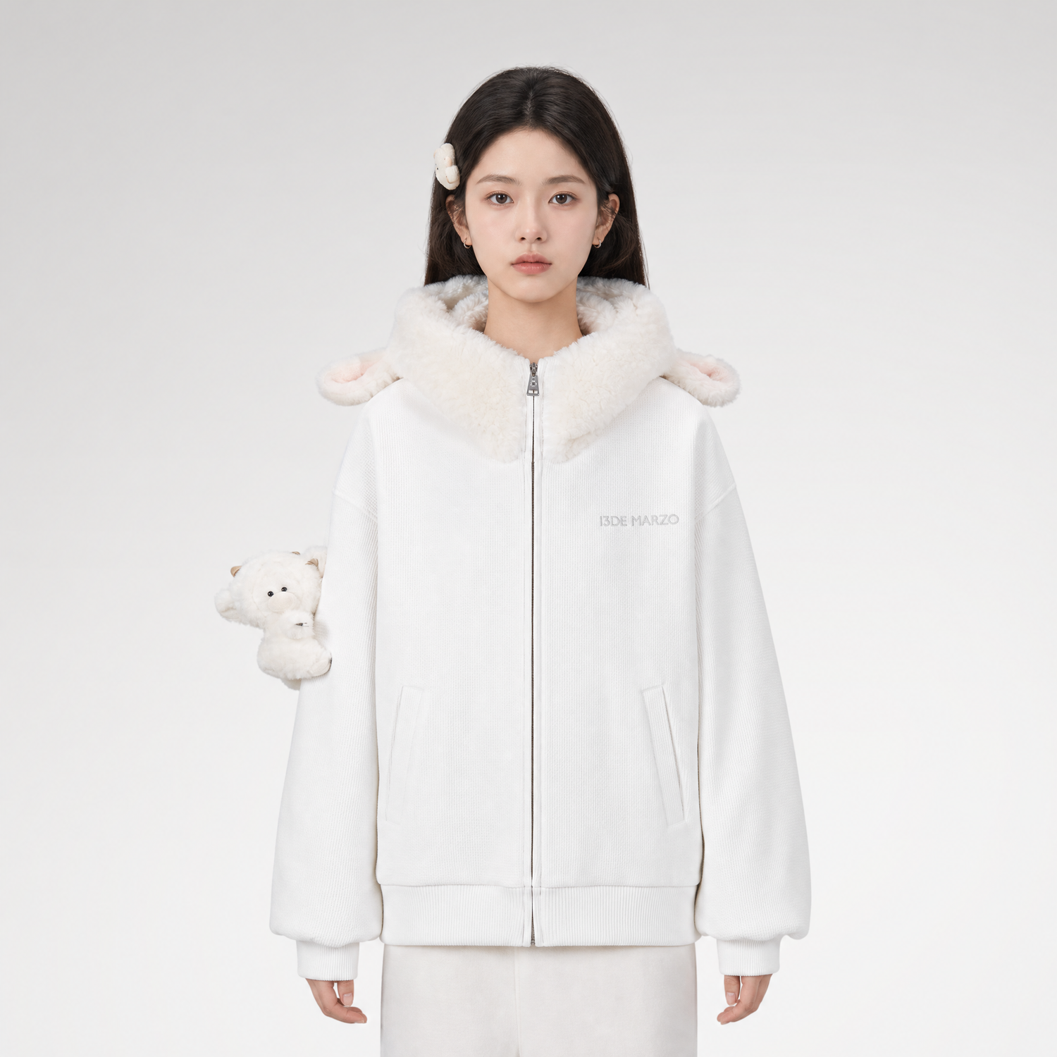 Textured Lamb Bear Zip Hoodie