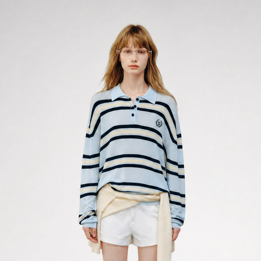 Washed Denim Striped Polo Set