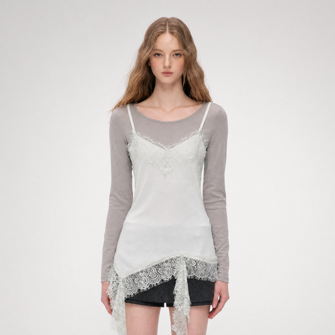 Lace Trim Layered Long-Sleeve Top