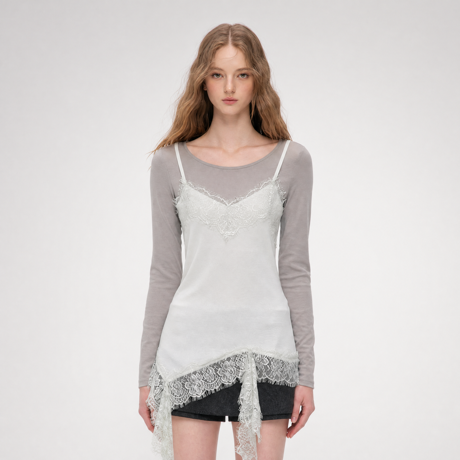 Lace Trim Layered Long-Sleeve Top