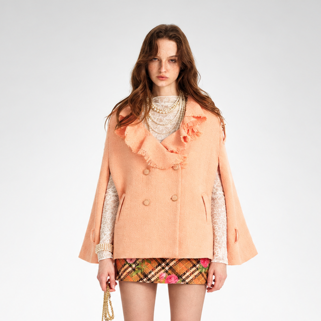 Textured Cape Plaid Skirt Set