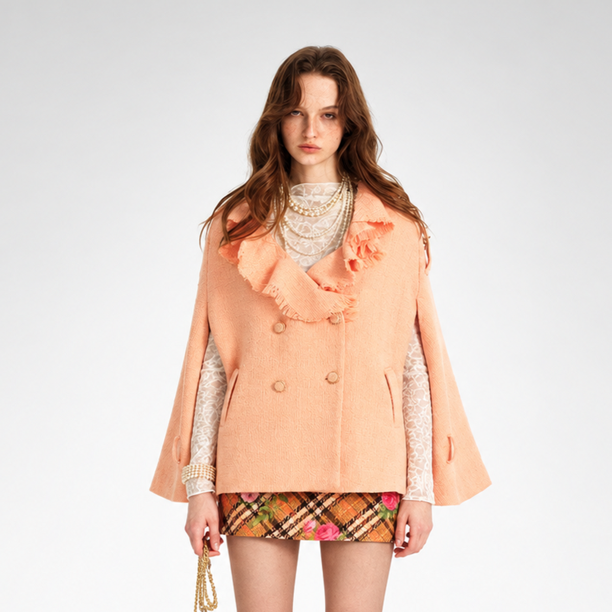 Textured Cape Plaid Skirt Set