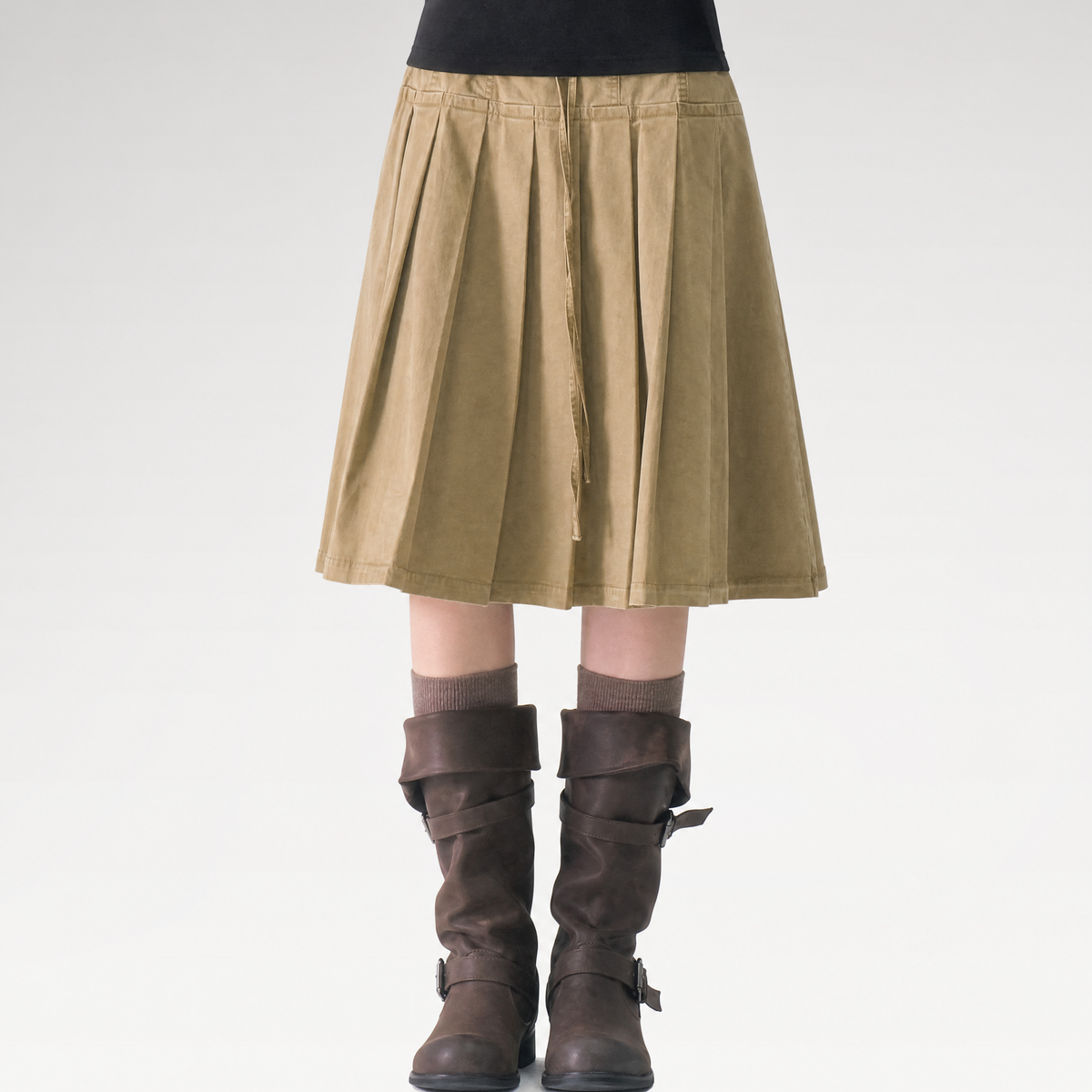 Washed Pleated A-Line Midi Skirt