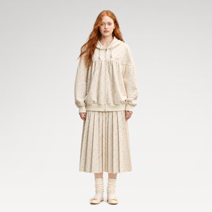 Printed Hooded Sweatshirt Pleated Skirt