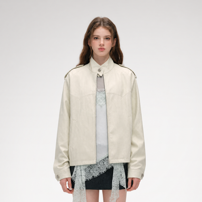Faux-Leather Lychee-Texture Moto Jacket