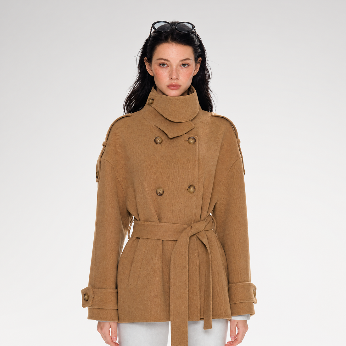 Wool Stand-Collar Belted Coat
