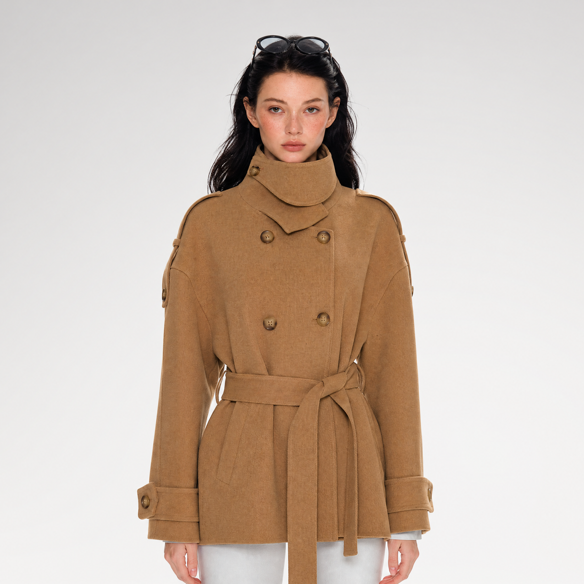 Wool Stand-Collar Belted Coat
