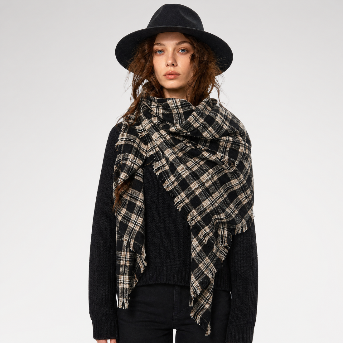 Wool Plaid Fringed Scarf