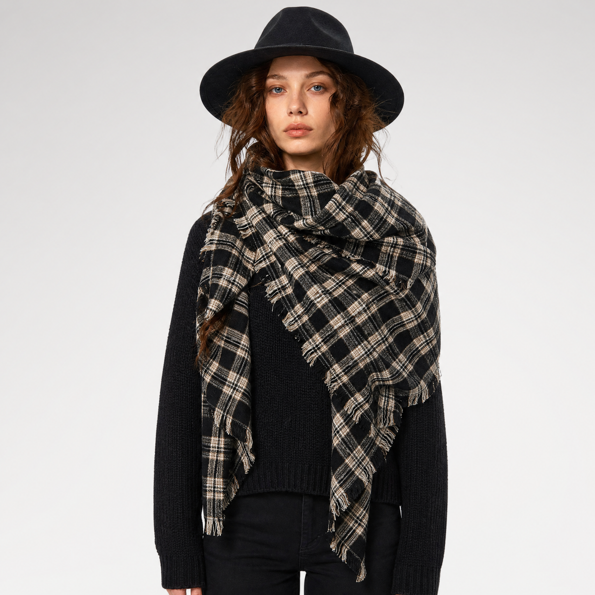 Wool Plaid Fringed Scarf