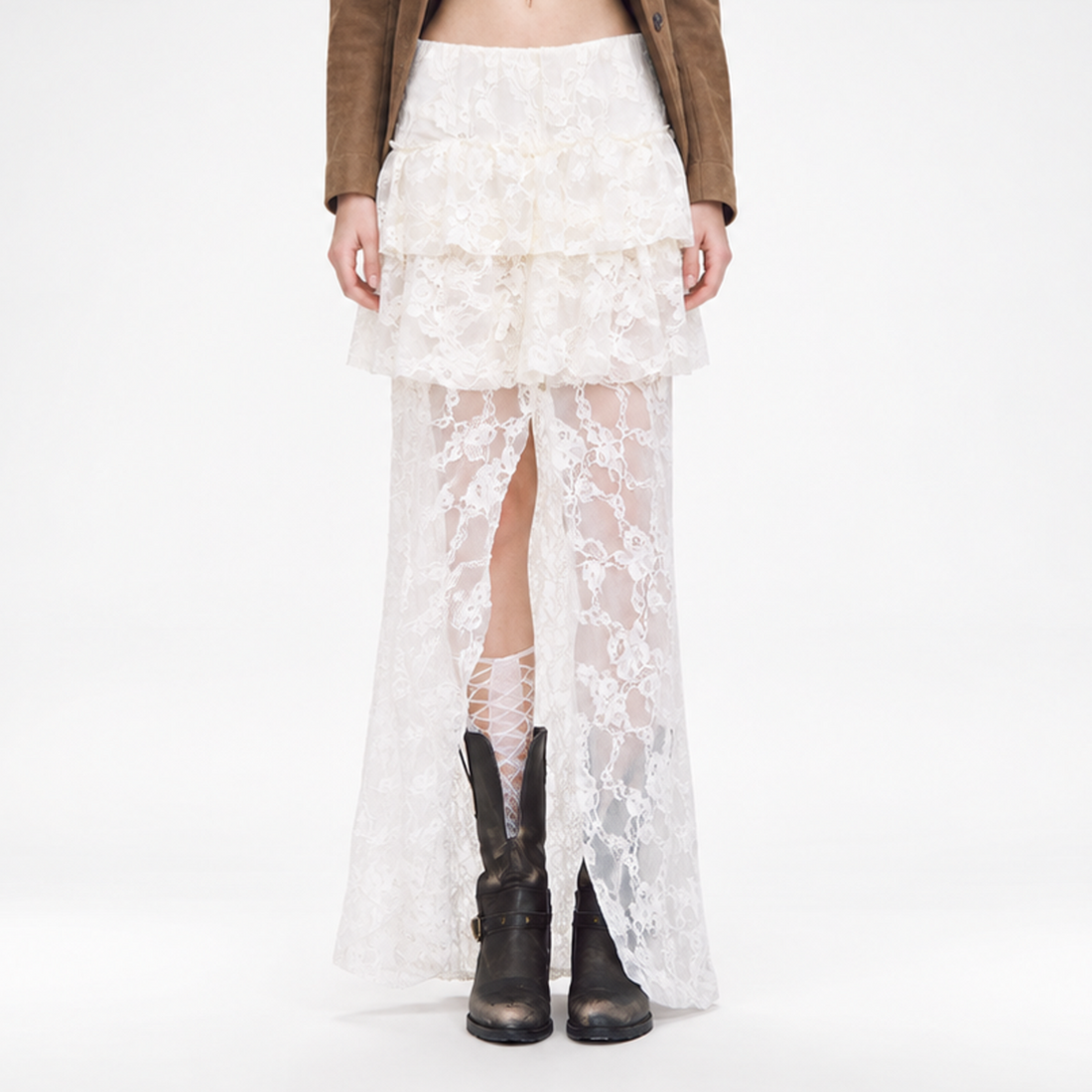 Floral Lace Tiered Slit Skirt