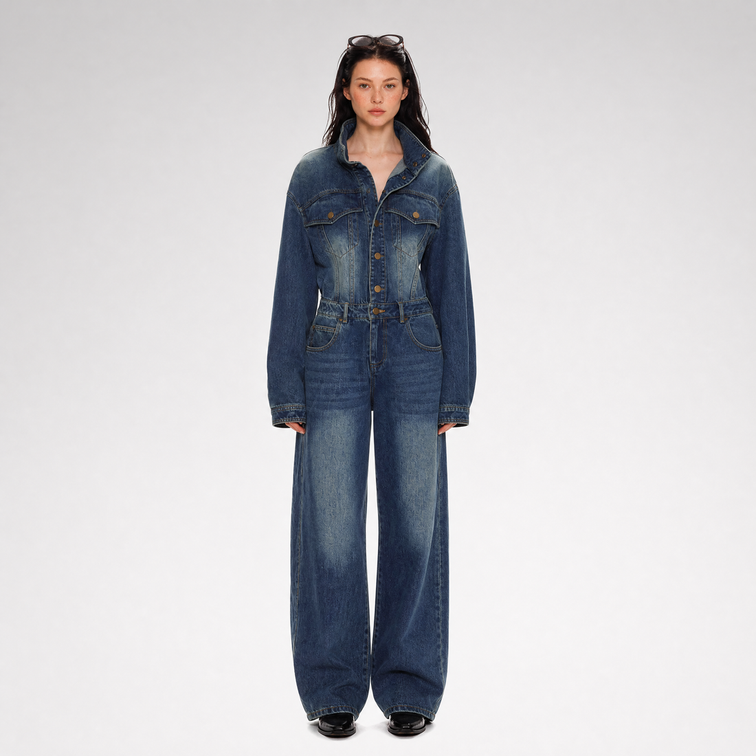 Washed Denim Wide-Leg Jumpsuit