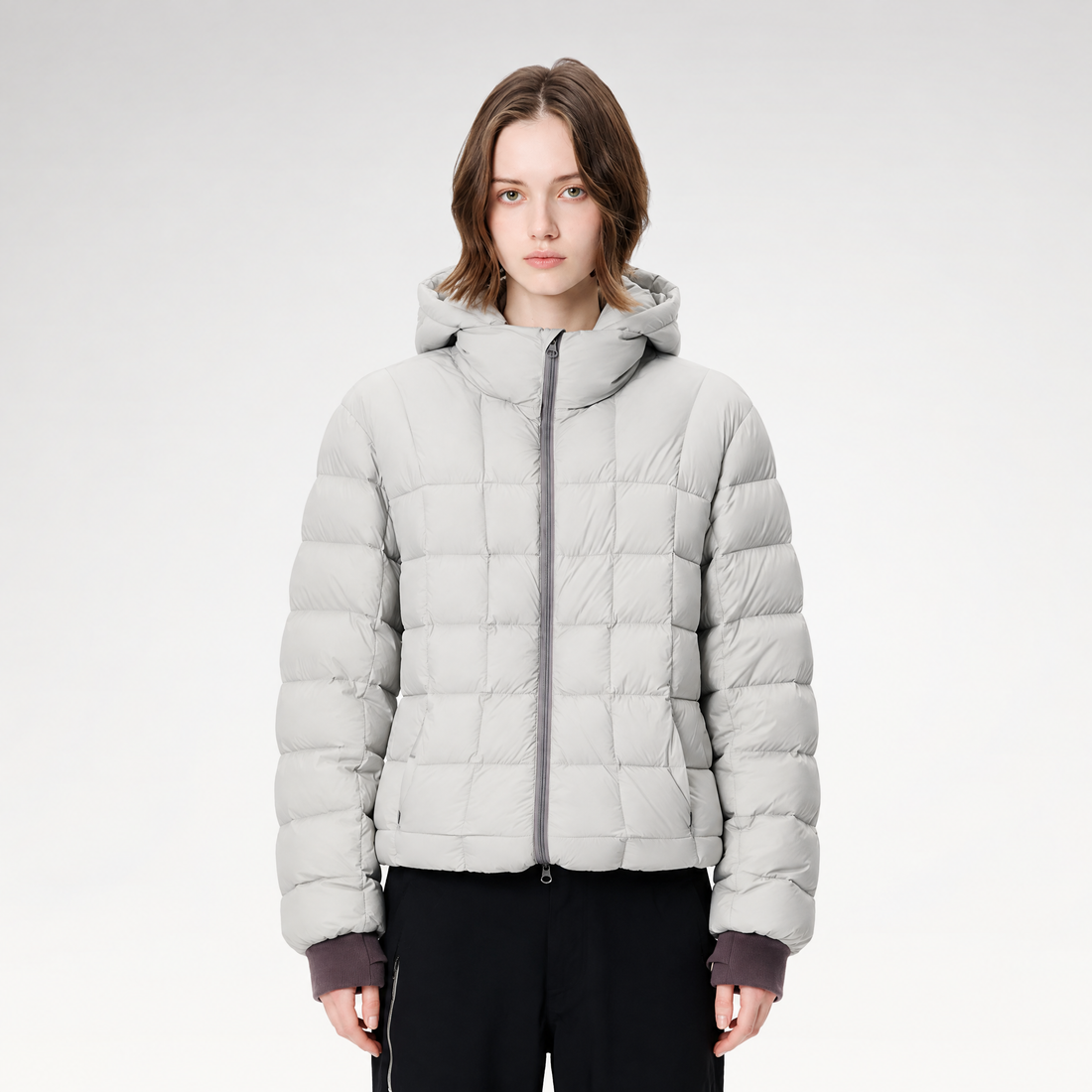Contrast-Panel Lightweight Hooded Down Jacket