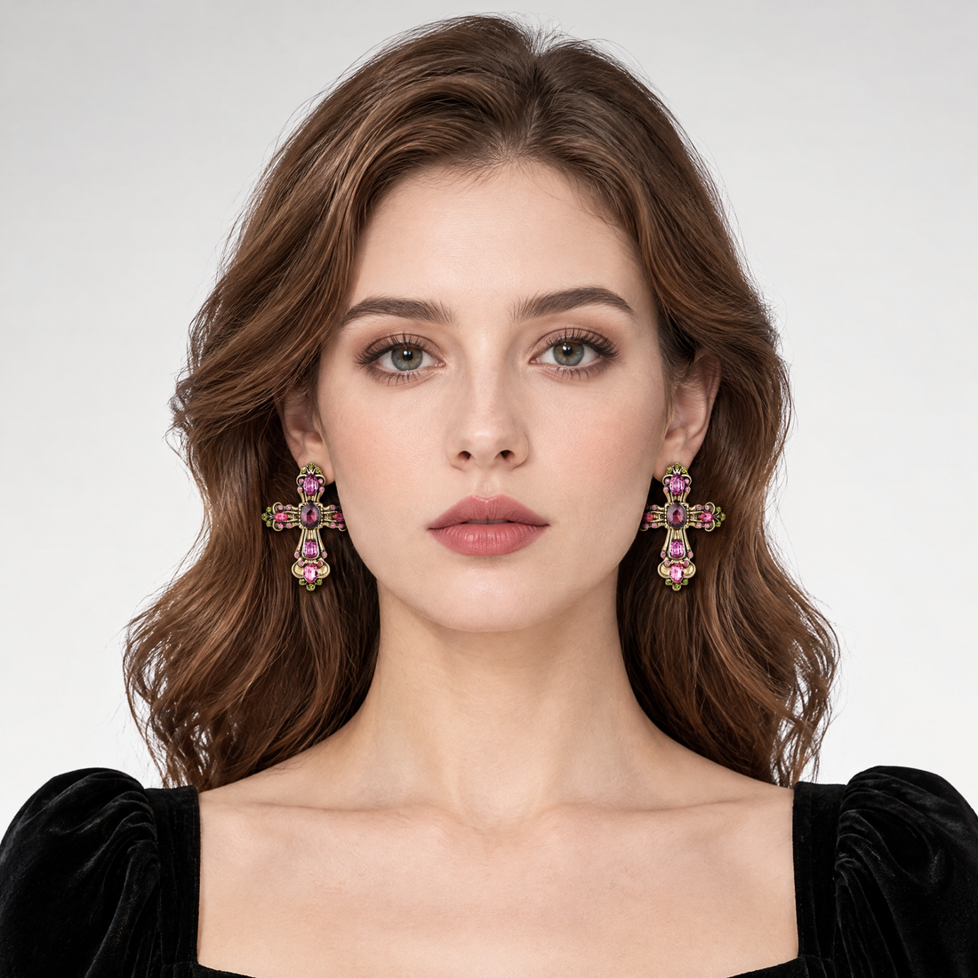 Baroque Crystal Cross Clip-On Earrings