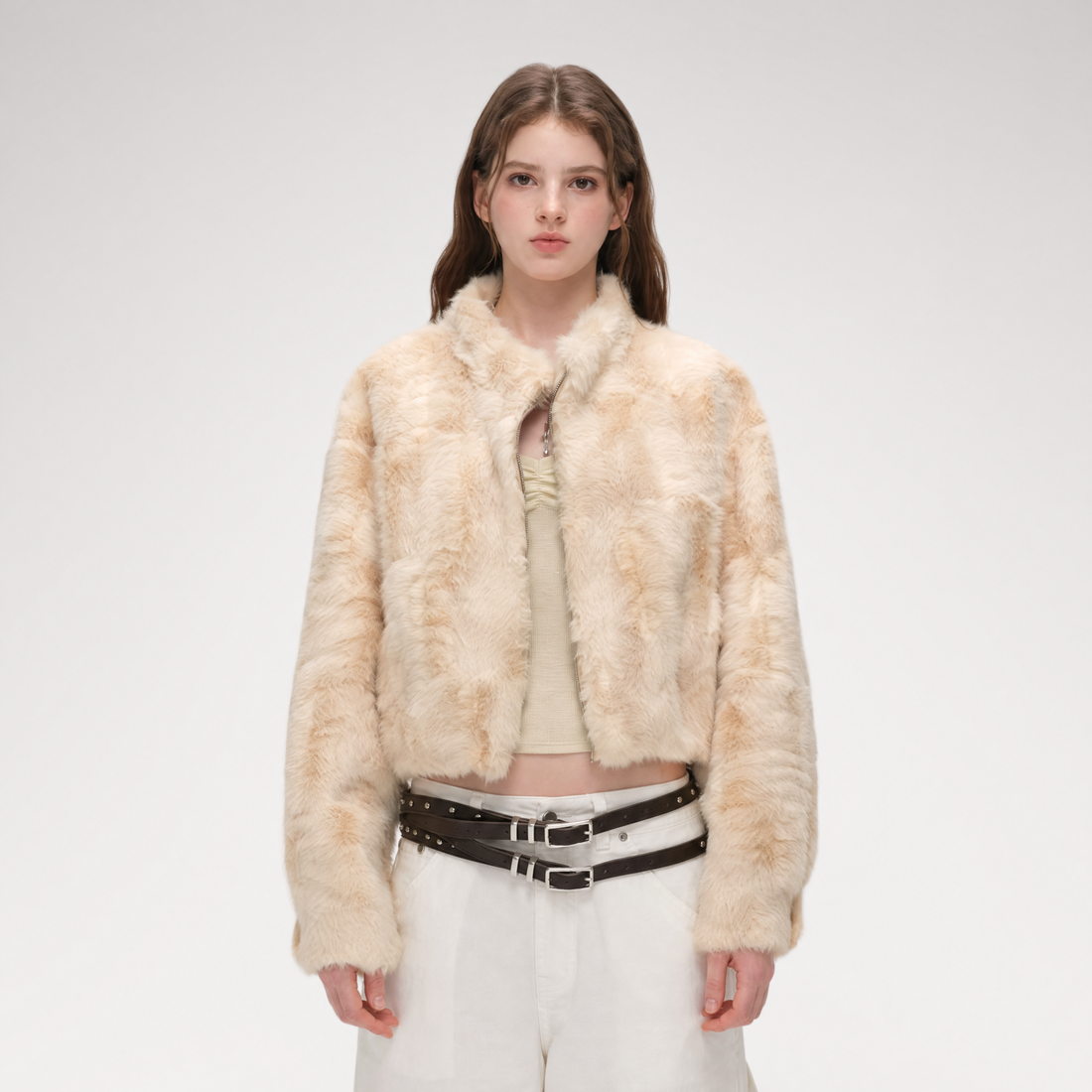 Embossed Cropped Faux Fur Jacket