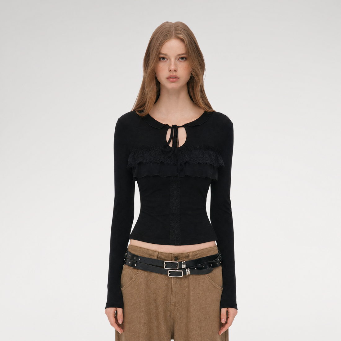 Wool Blend Lace Tie T-Shirt