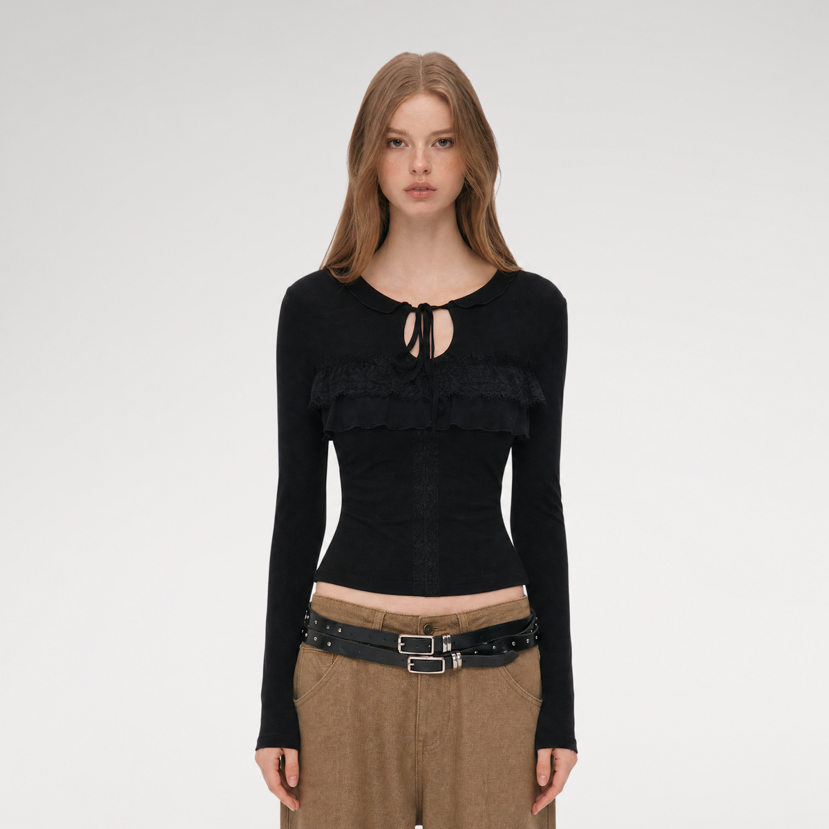 Wool Blend Lace Tie T-Shirt