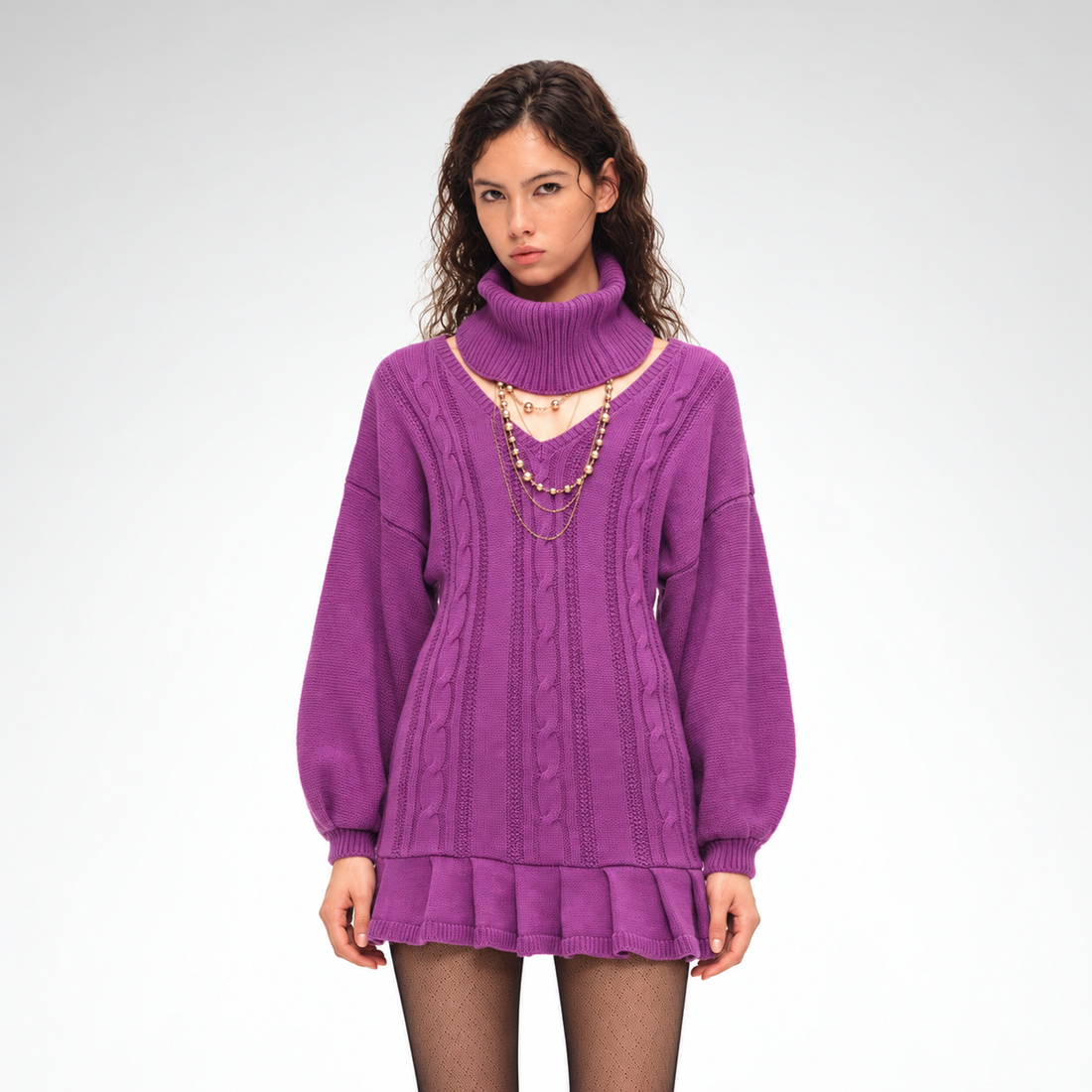 Cable-Knit Ruffle Hem Dress