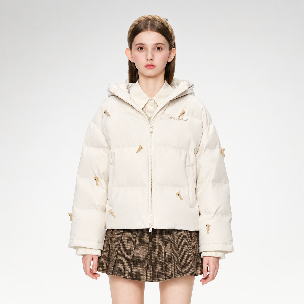 Flocked Bear Hooded Down Jacket