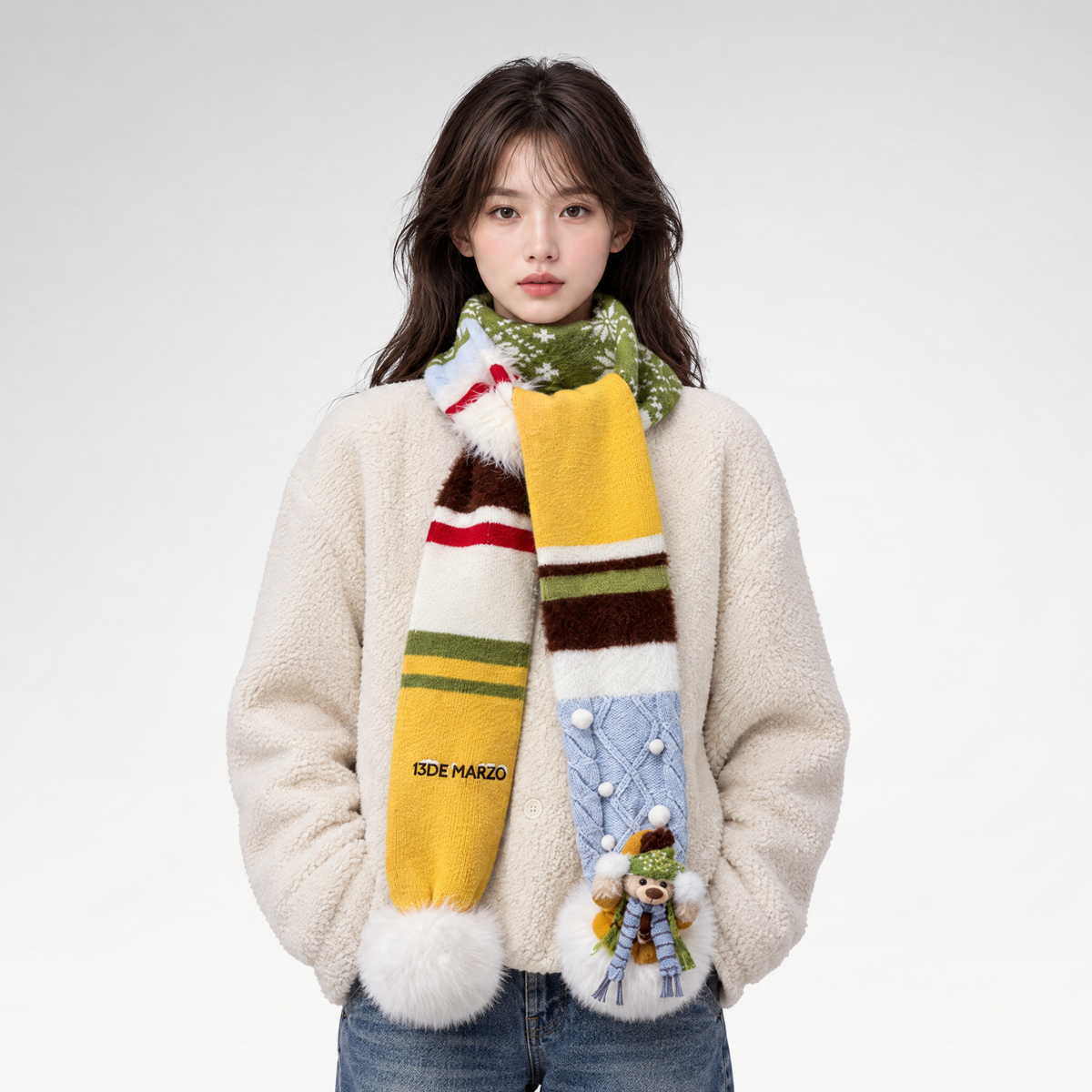 Textured Plush Snowball Knit Scarf