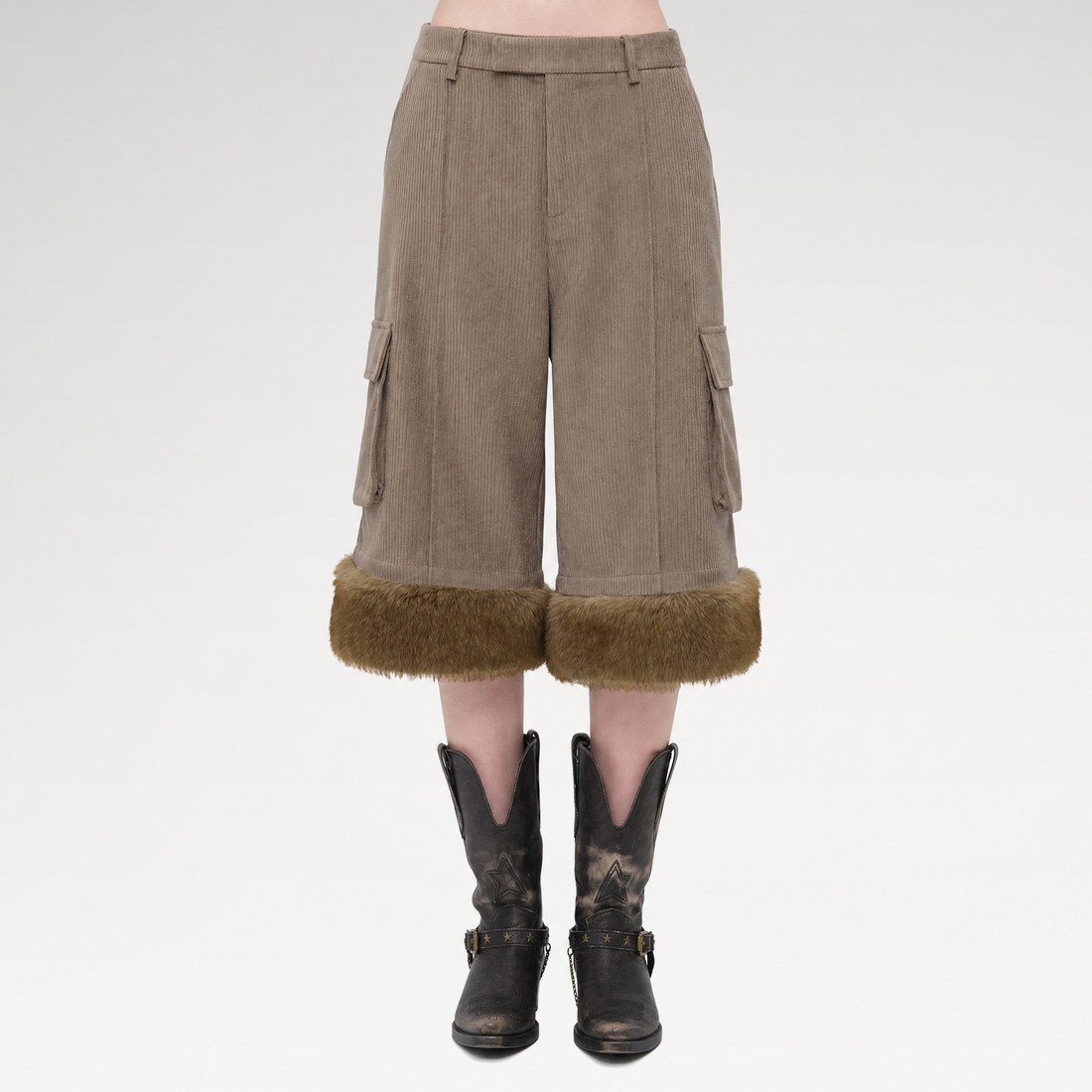 Chenille Cargo Cropped Wide-Leg Pants