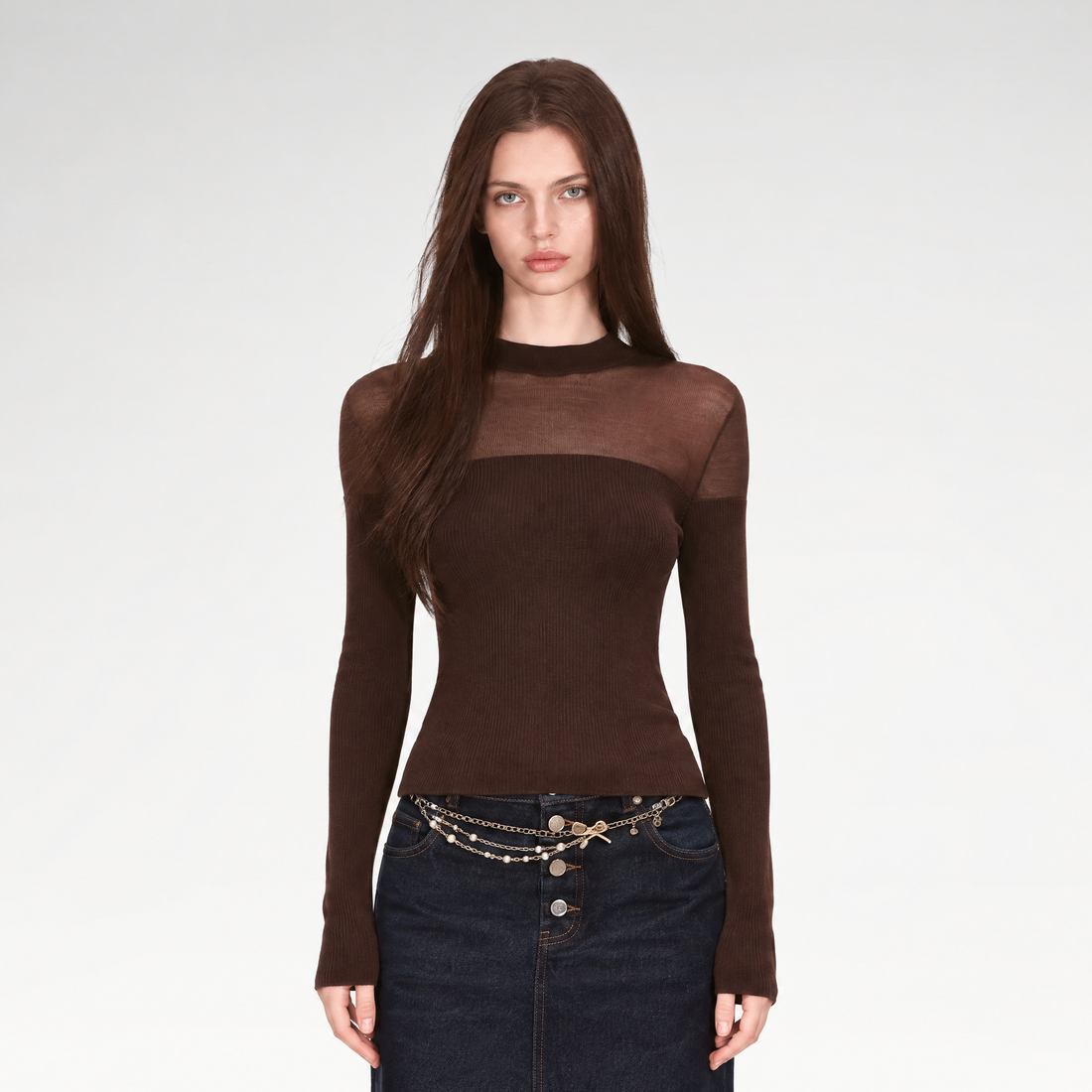 Sheer Mesh Mock-Neck Knit Top