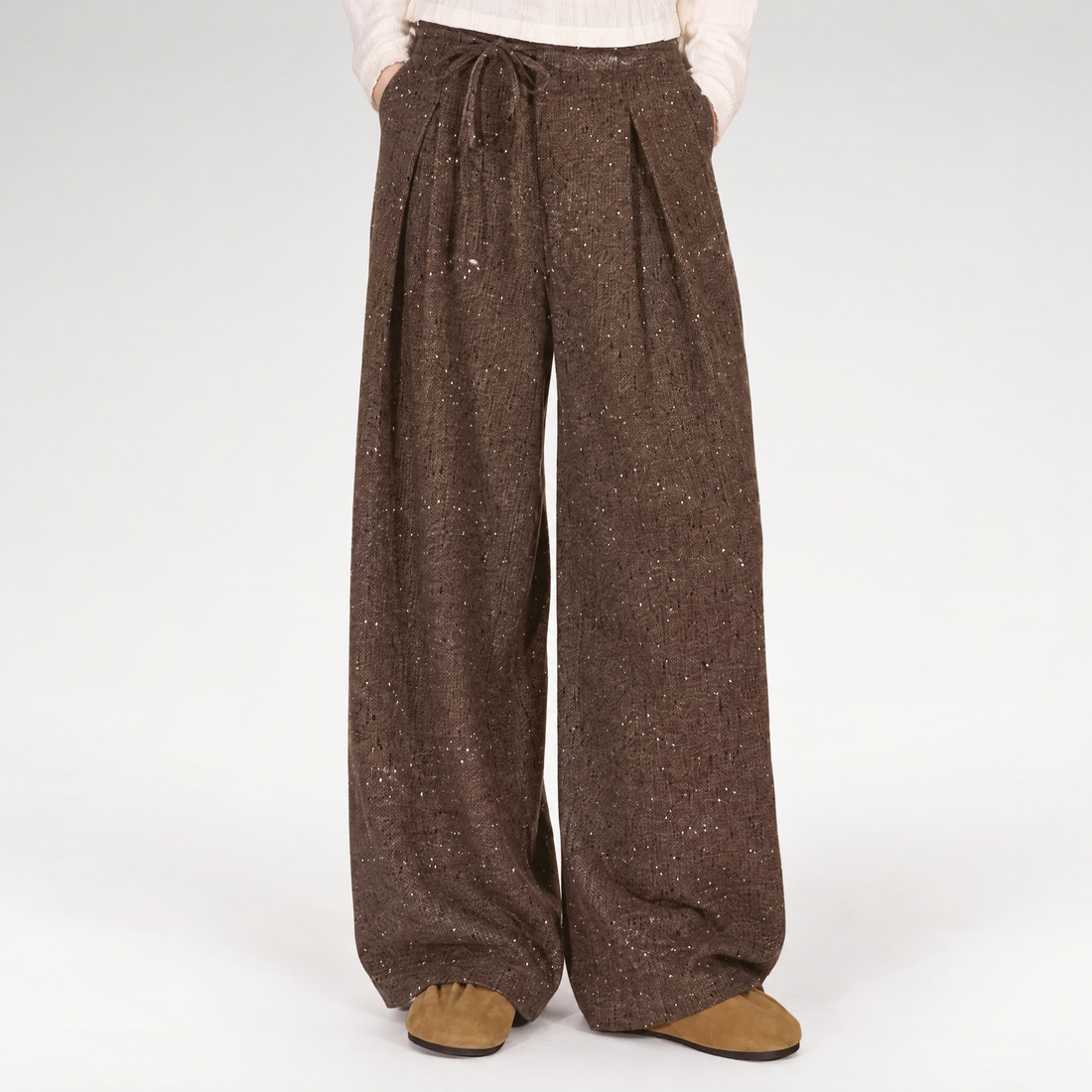 Wool Tweed Drawstring Wide-Leg Trousers