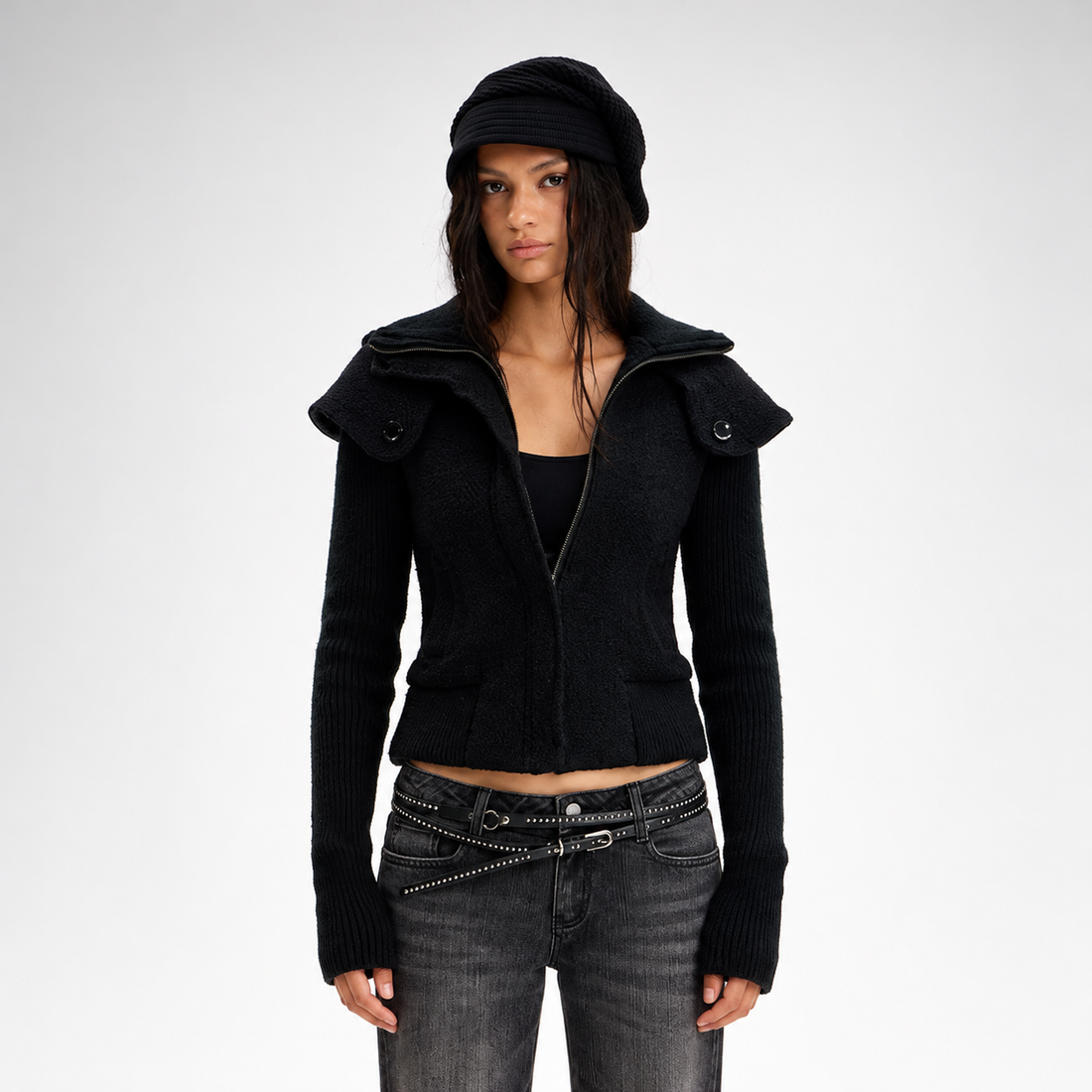 Chaqueta de lana con cuello de chal y patchwork