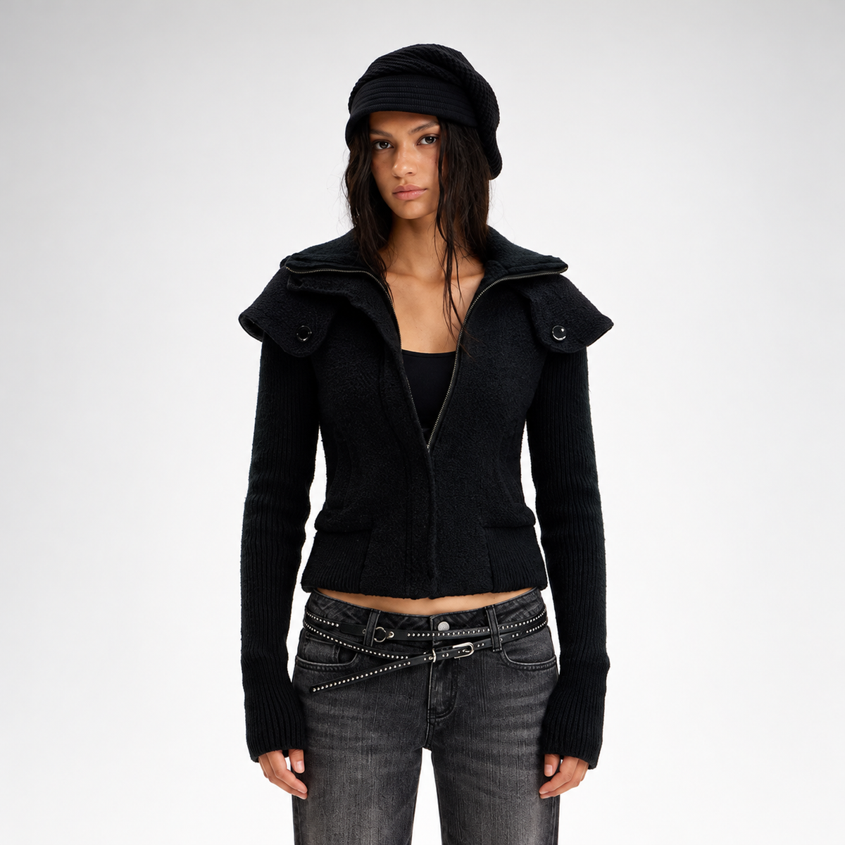 Chaqueta de lana con cuello de chal y patchwork