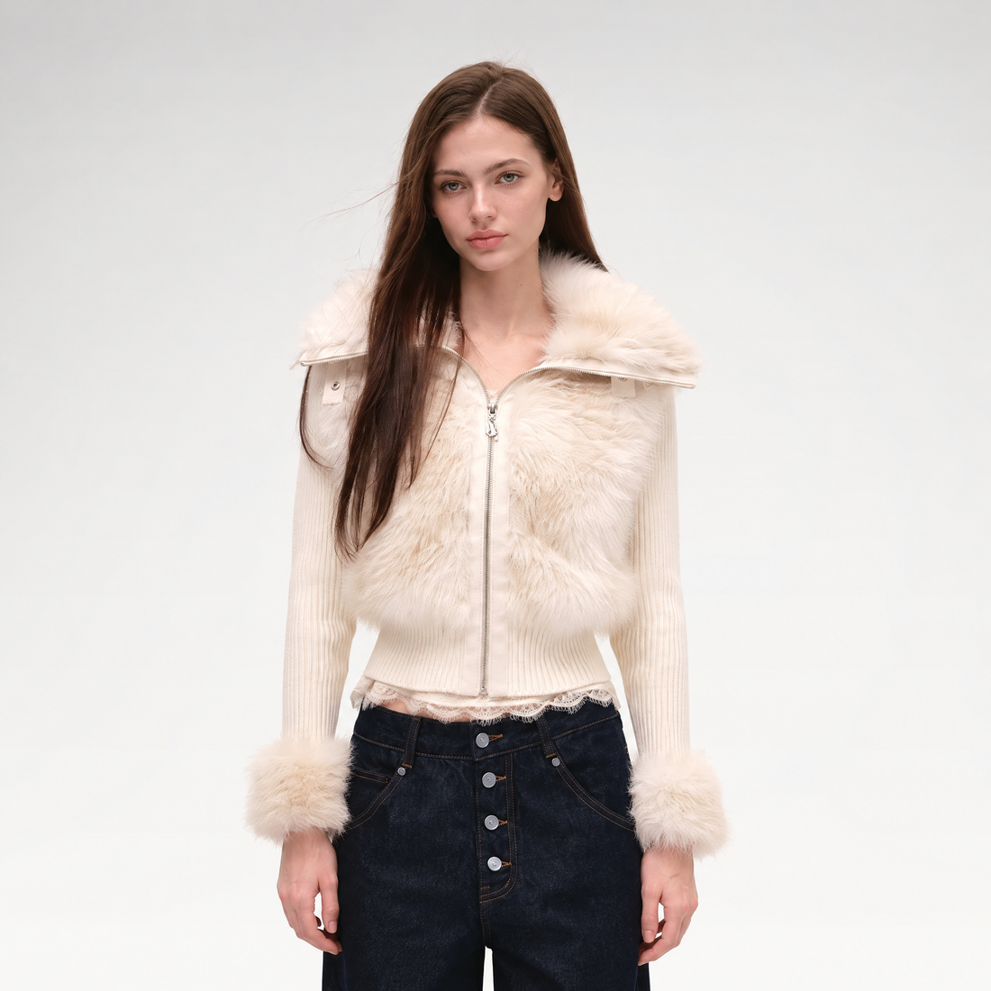 Faux Fur Stand-Collar Waist Jacket