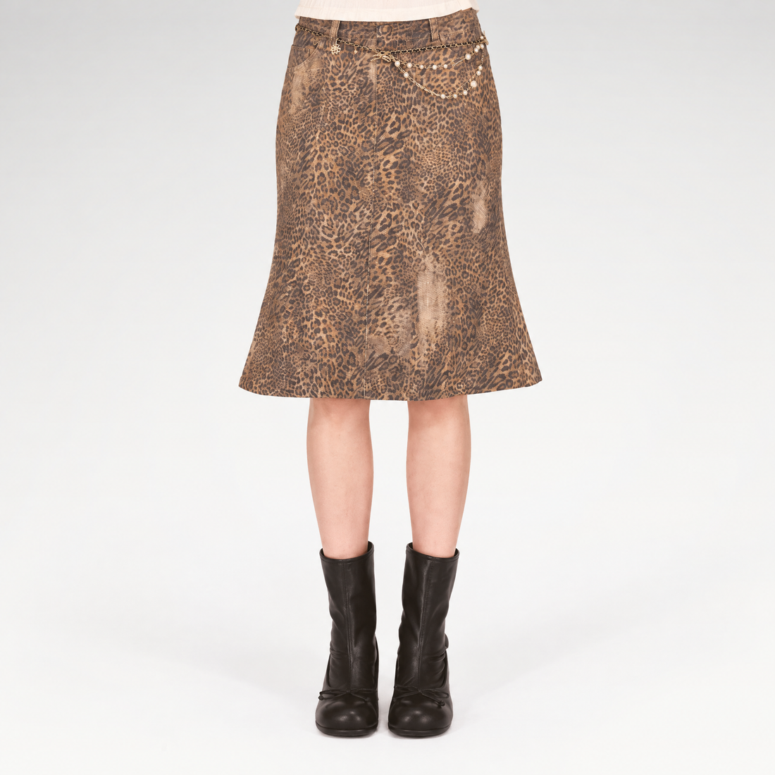 Washed Leopard Mermaid Denim Skirt
