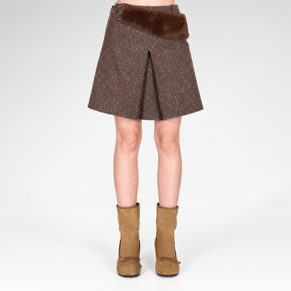 Speckled Tweed Fur Waistband Skirt