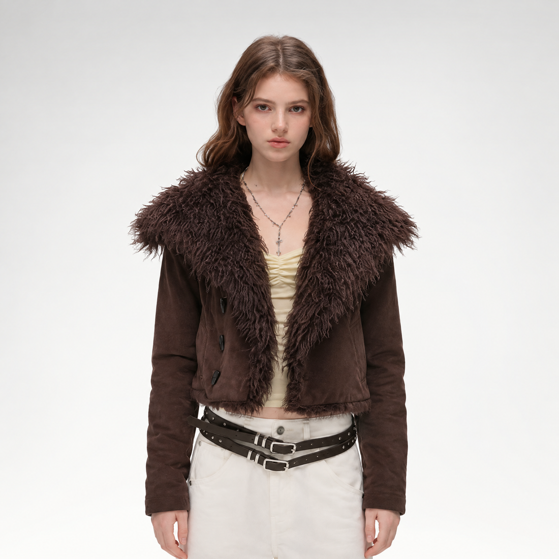 Textured Fur Collar Cropped Jacket