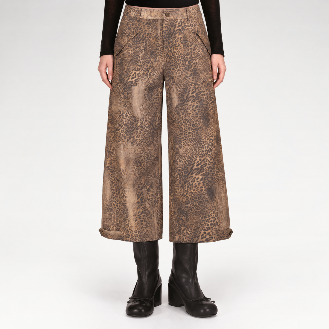 Distressed Leopard Wide-Leg Jeans