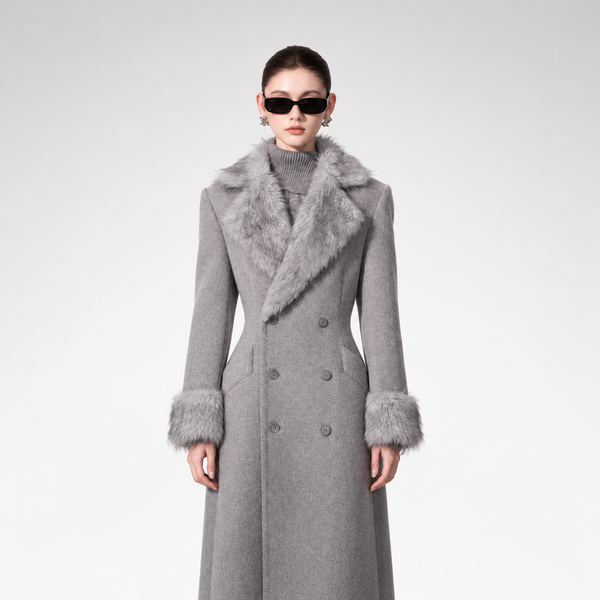 Fur Collar Waist-Cinched Wool Coat