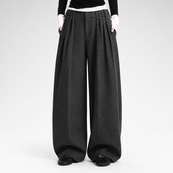 Wool Blend Pleated Wide-Leg Trousers