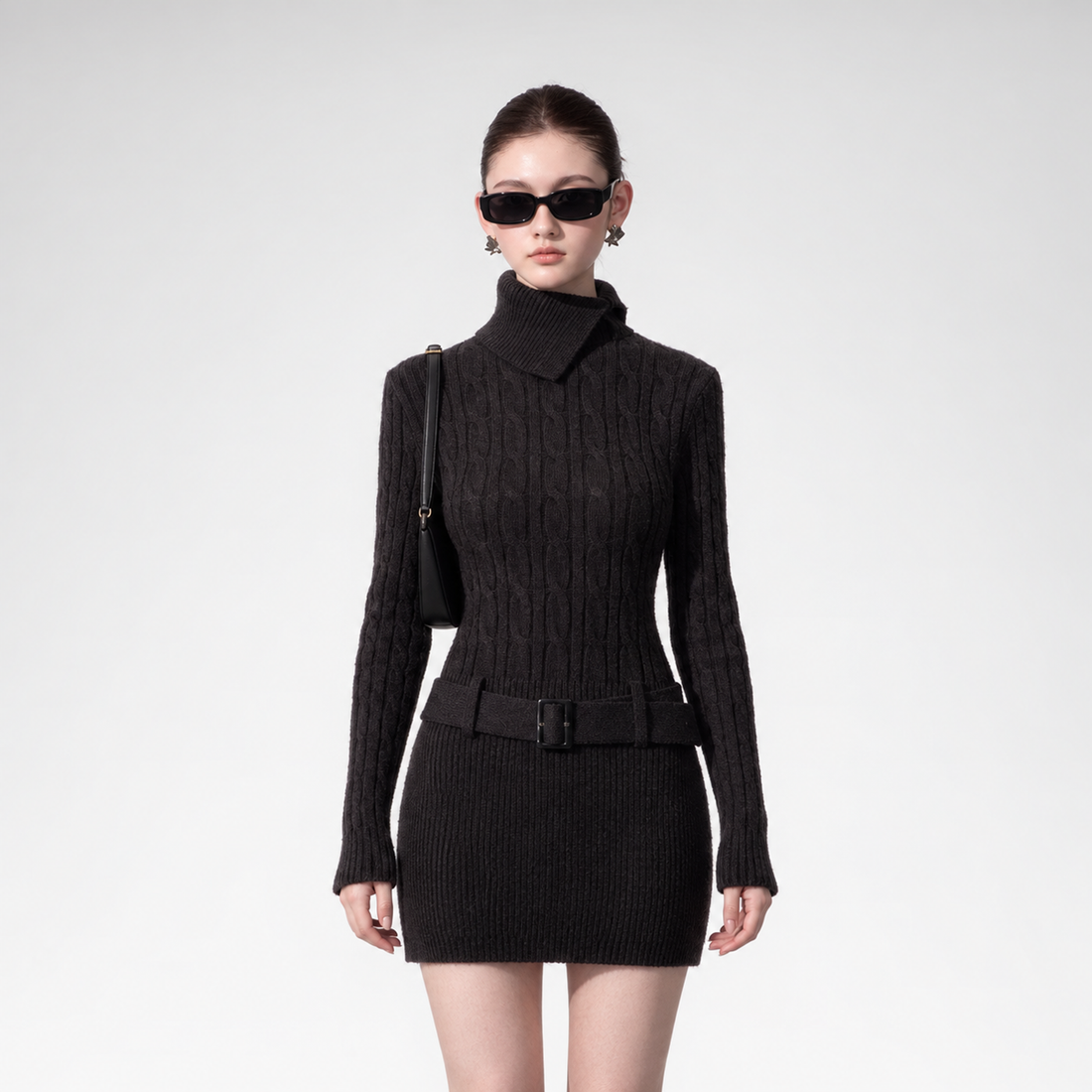 Cable Knit Fitted Turtleneck Dress
