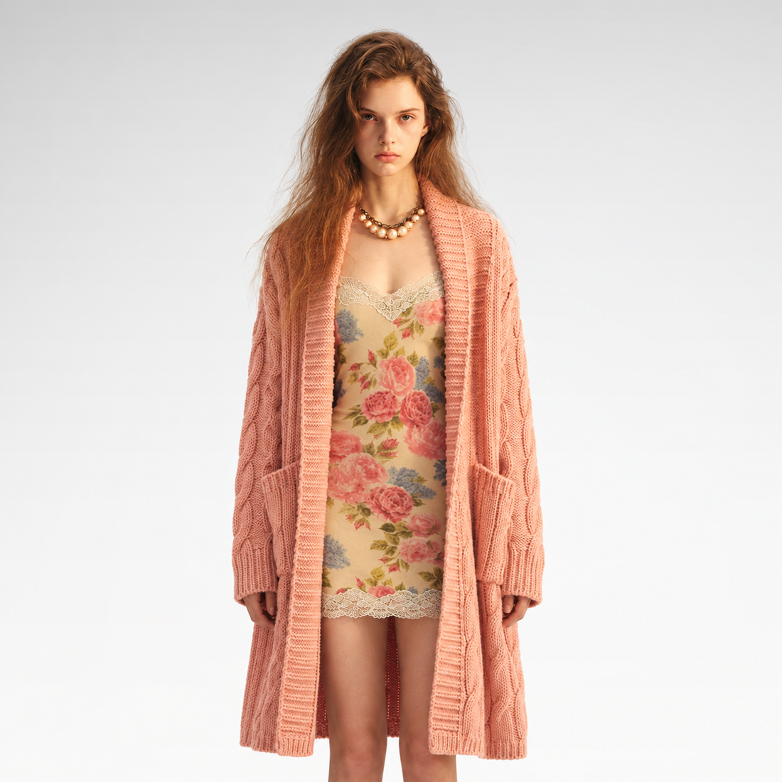 Cable-Knit Cardigan Camisole Dress