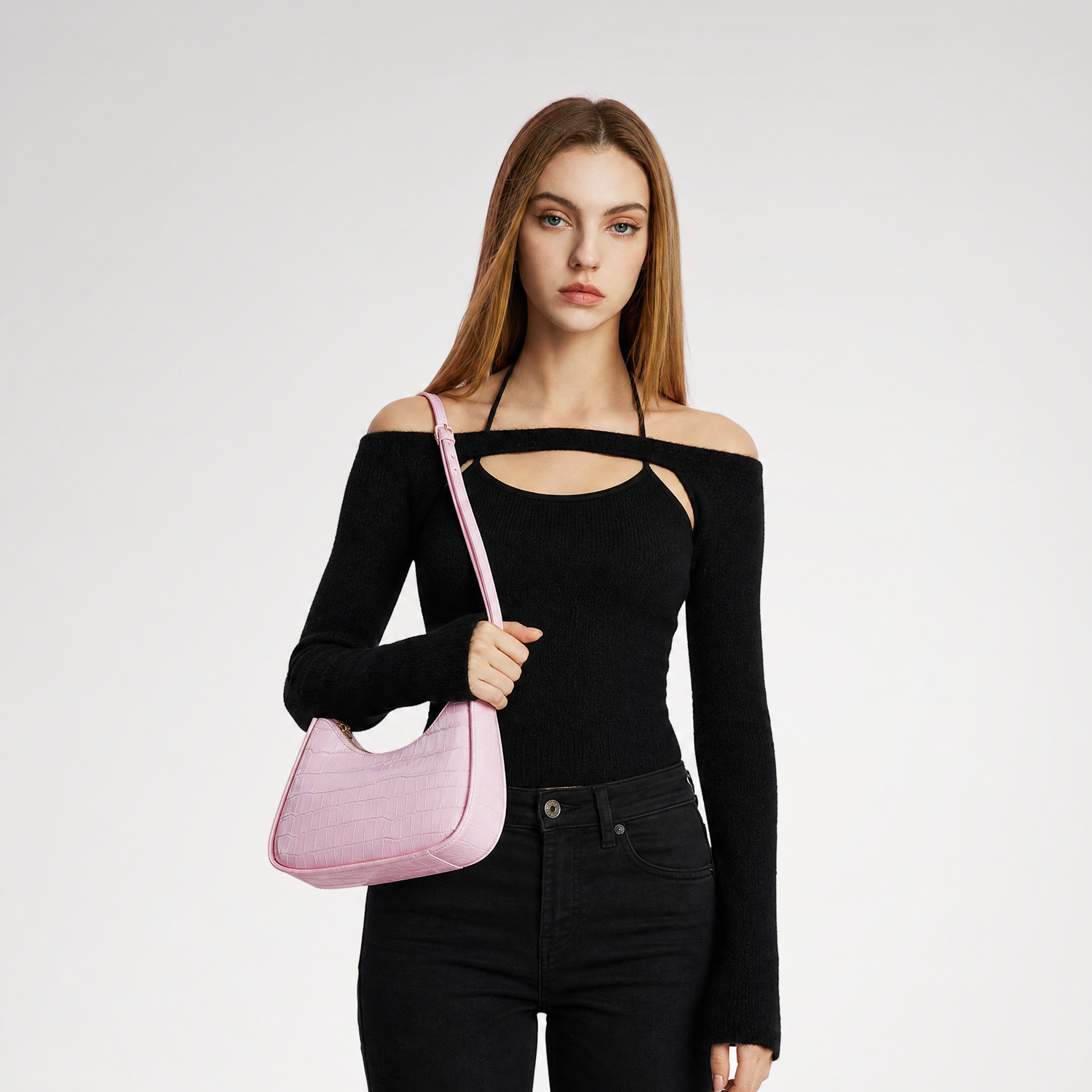 Crocodile Textured Curved Shoulder Bag