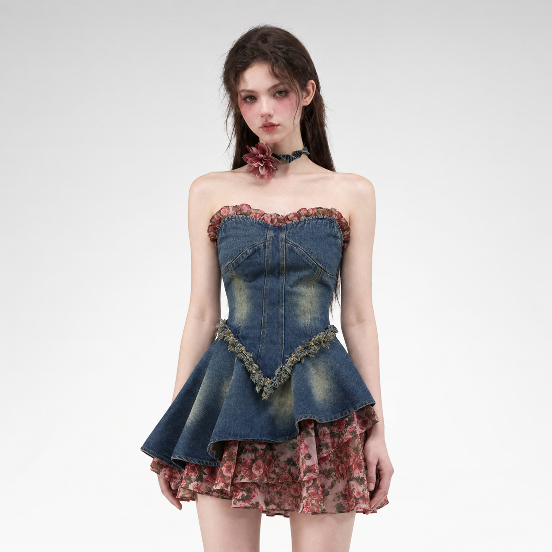 Washed Denim Rose Panel Dress