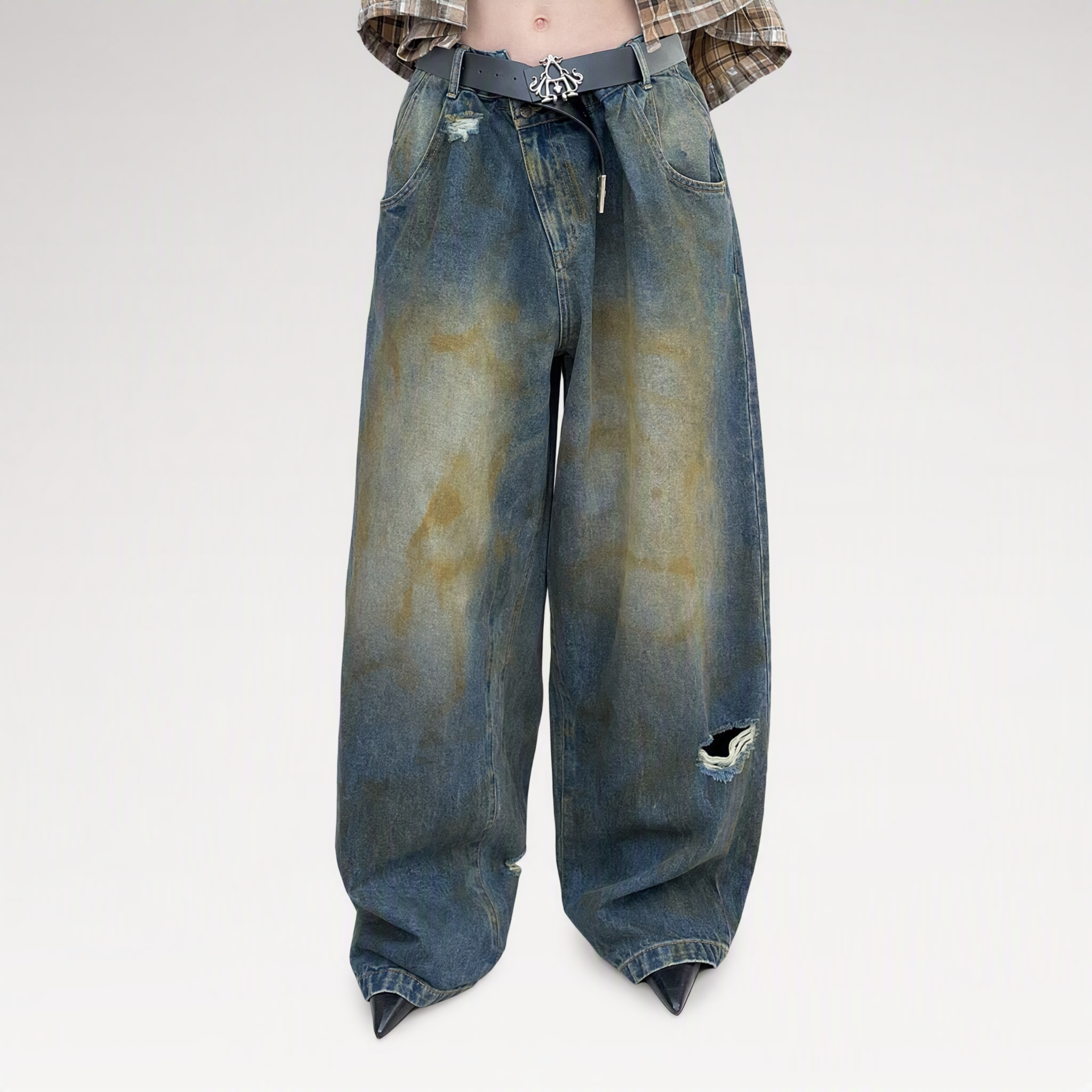 Distressed Wide-Leg Jeans