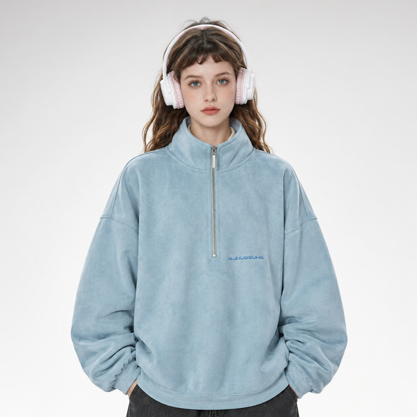 Faux Suede Oversize Polo Sweatshirt