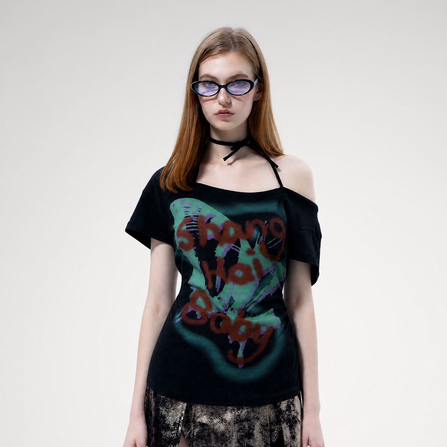 Graffiti Off-Shoulder Fitted T-Shirt