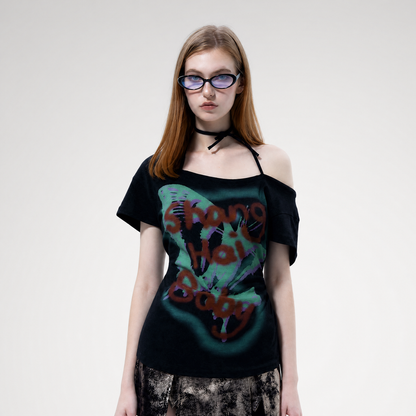 Graffiti Off-Shoulder Fitted T-Shirt