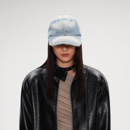 Washed Denim Embroidered Cap