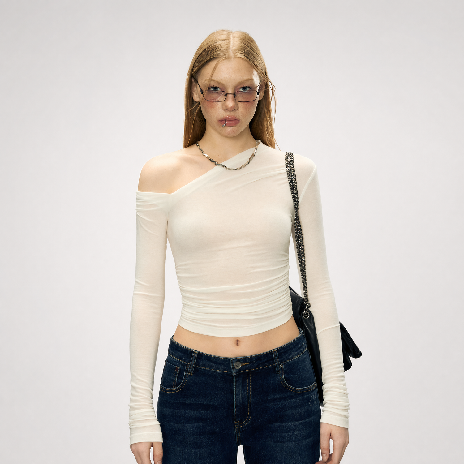 Asymmetric Ruched Long Sleeve Top