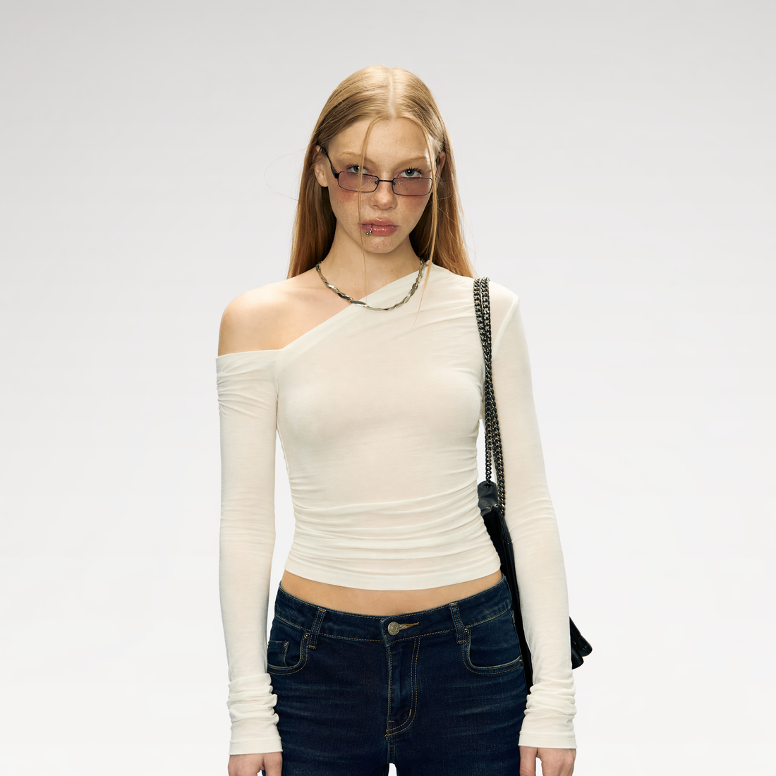 Asymmetric Ruched Long Sleeve Top