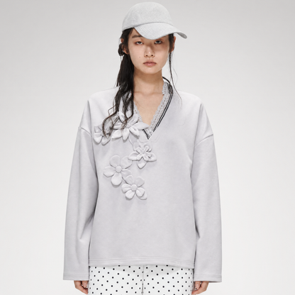 Handmade Flower Appliqué V-Neck Sweatshirt