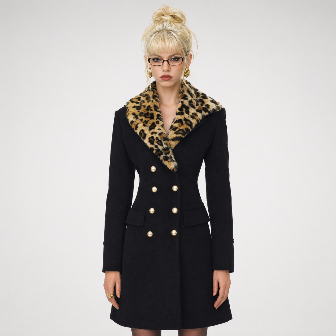 Leopard Trim Wool Coat