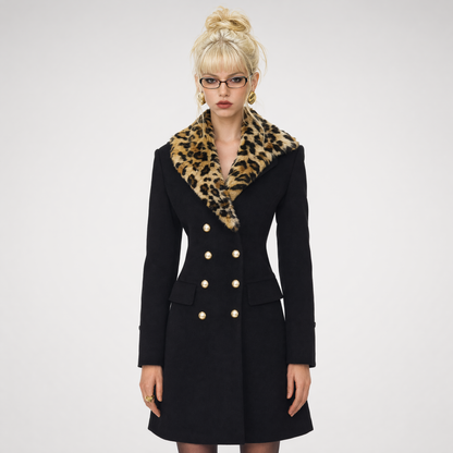 Leopard Trim Wool Coat
